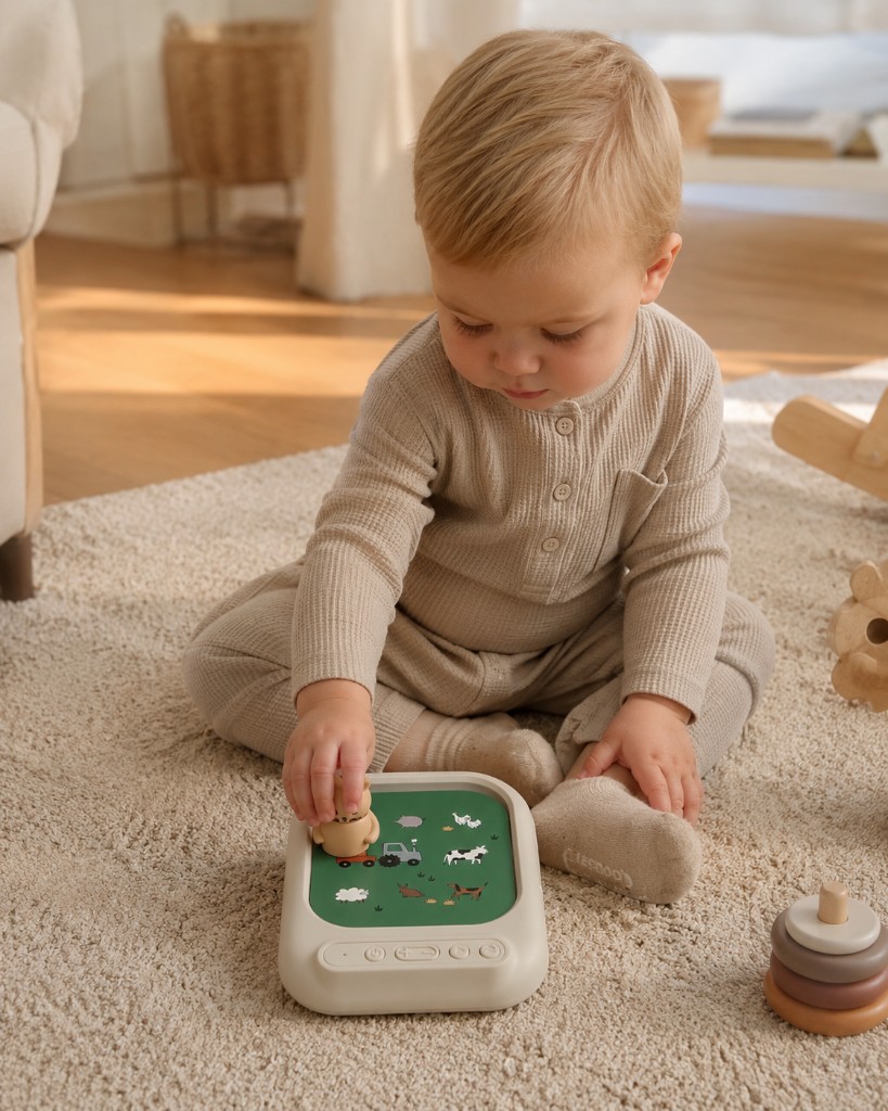Kind spielt mit Liewood Archie auf dem Teppich